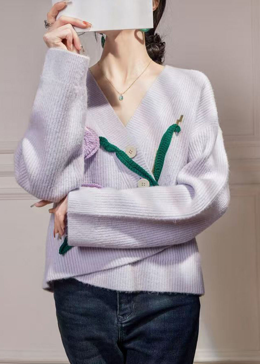 Italian light Purple V Neck Stereoscopic Tulip Knit Cardigan Long Sleeve