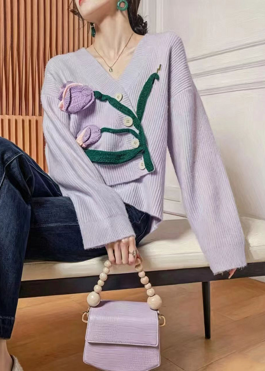 Italian light Purple V Neck Stereoscopic Tulip Knit Cardigan Long Sleeve