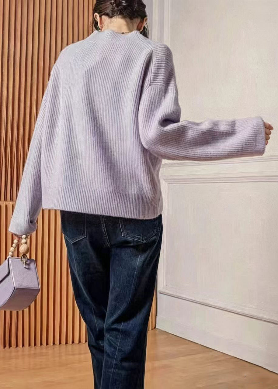 Italian light Purple V Neck Stereoscopic Tulip Knit Cardigan Long Sleeve
