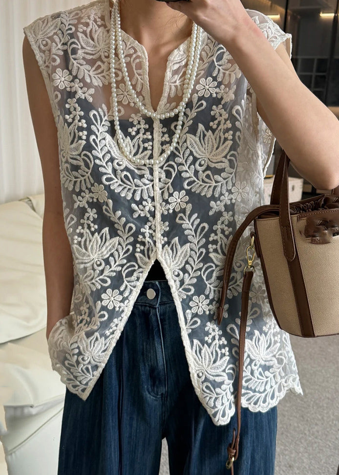 Jacquard Apricot V Neck Hollow Out Lace Tops Sleeveless