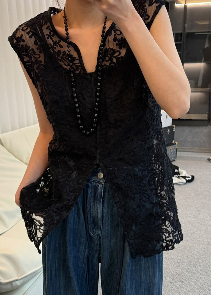 Jacquard Apricot V Neck Hollow Out Lace Tops Sleeveless