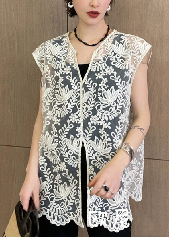 Jacquard Apricot V Neck Hollow Out Lace Tops Sleeveless