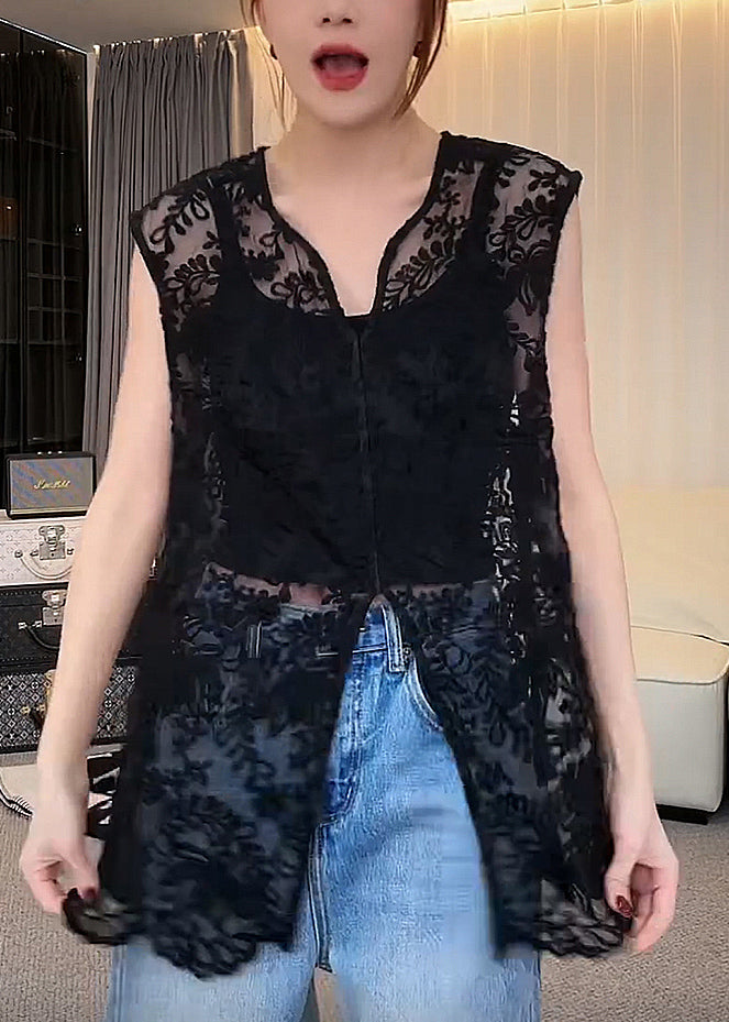 Jacquard Apricot V Neck Hollow Out Lace Tops Sleeveless