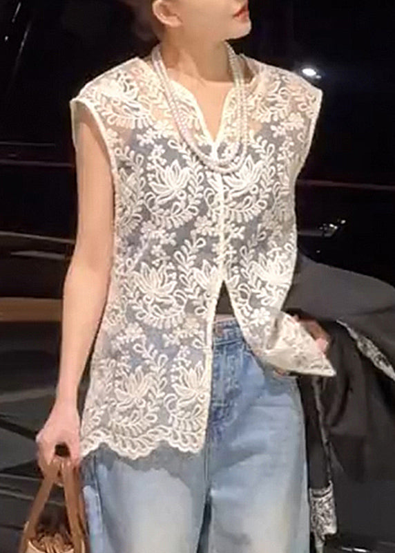 Jacquard Apricot V Neck Hollow Out Lace Tops Sleeveless