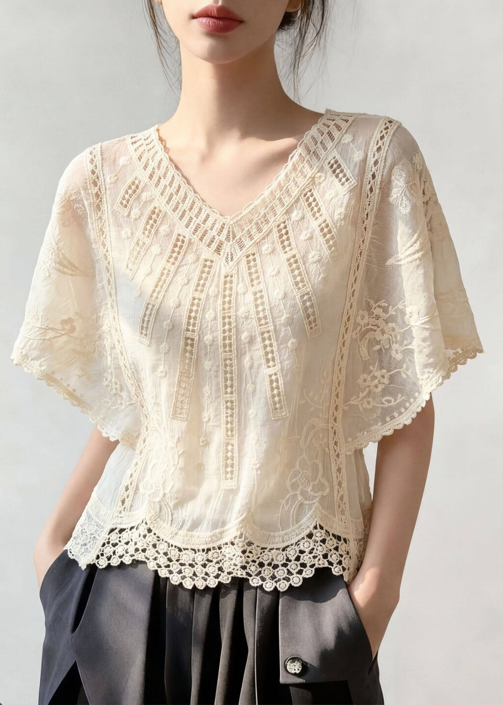 Jacquard Apricot V Neck Hollow Out Top Short Sleeve
