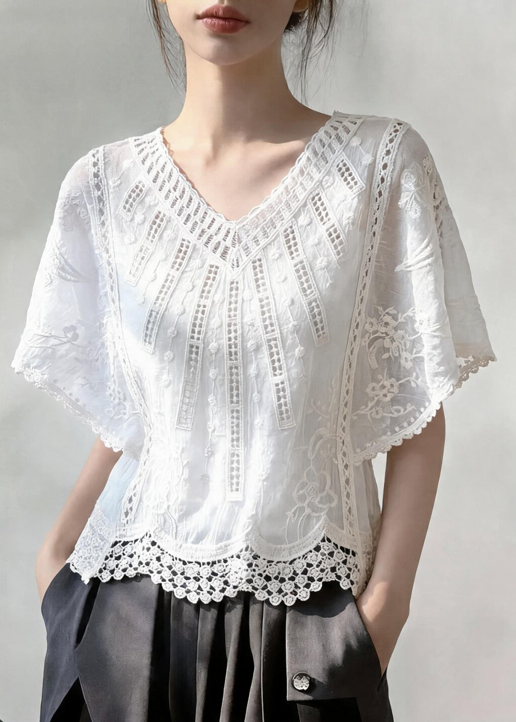 Jacquard Apricot V Neck Hollow Out Top Short Sleeve