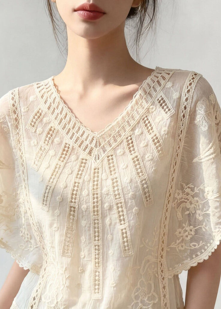 Jacquard Apricot V Neck Hollow Out Top Short Sleeve
