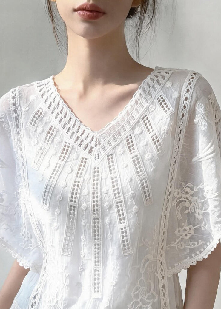 Jacquard Apricot V Neck Hollow Out Top Short Sleeve