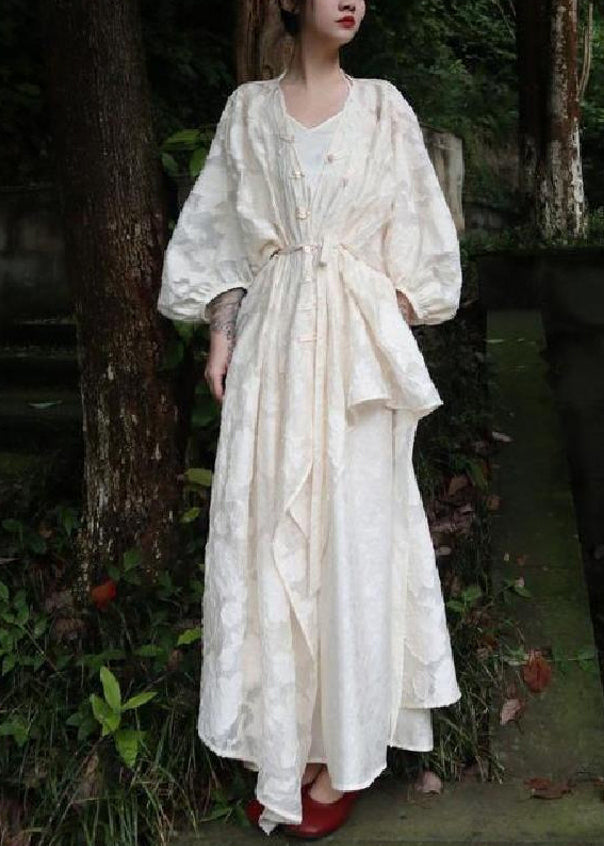 Jacquard Beige Button Side Open Cotton Two Pieces Set Fall