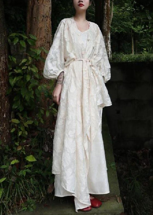 Jacquard Beige Button Side Open Cotton Two Pieces Set Fall