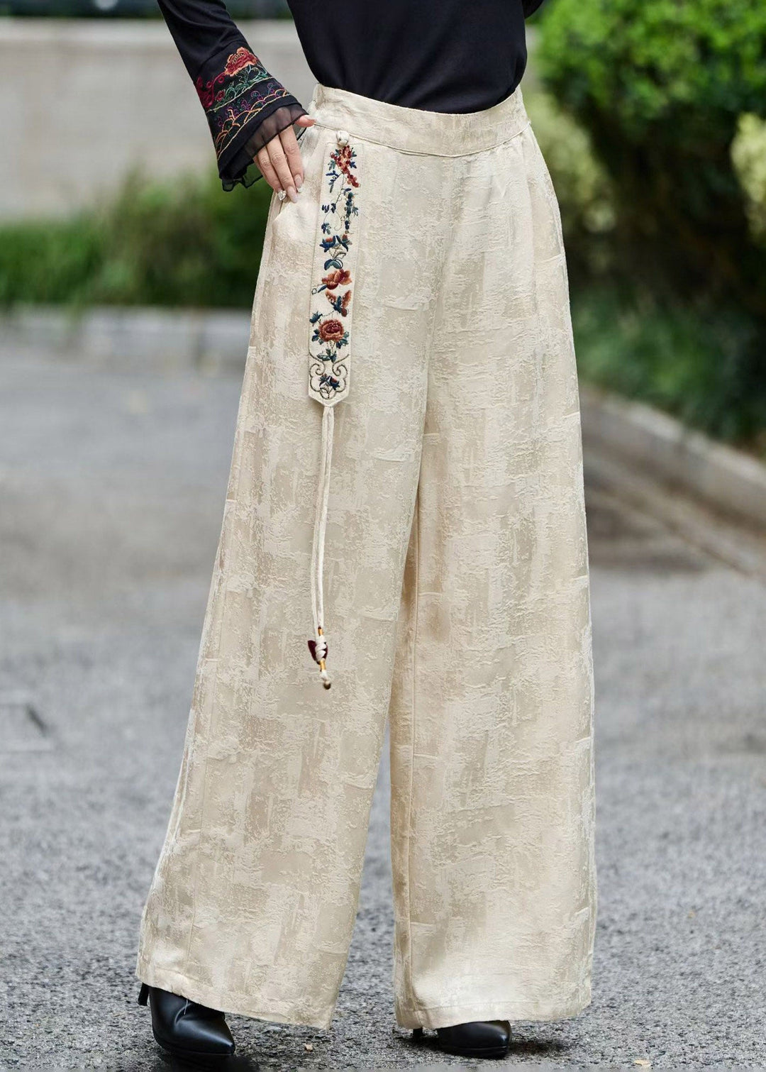 Jacquard Beige High Waist Patchwork Satin Straight Pants Summer