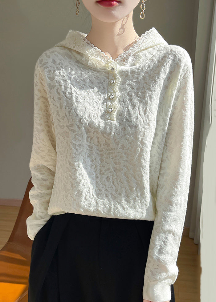 Jacquard Beige Hooded Lace Woolen Sweaters Fall