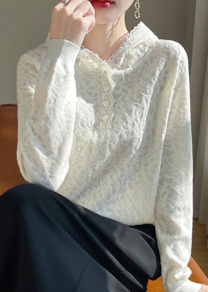 Jacquard Beige Hooded Lace Woolen Sweaters Fall