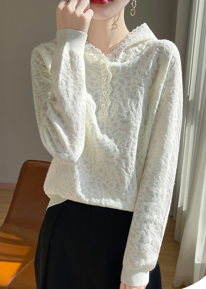 Jacquard Beige Hooded Lace Woolen Sweaters Fall