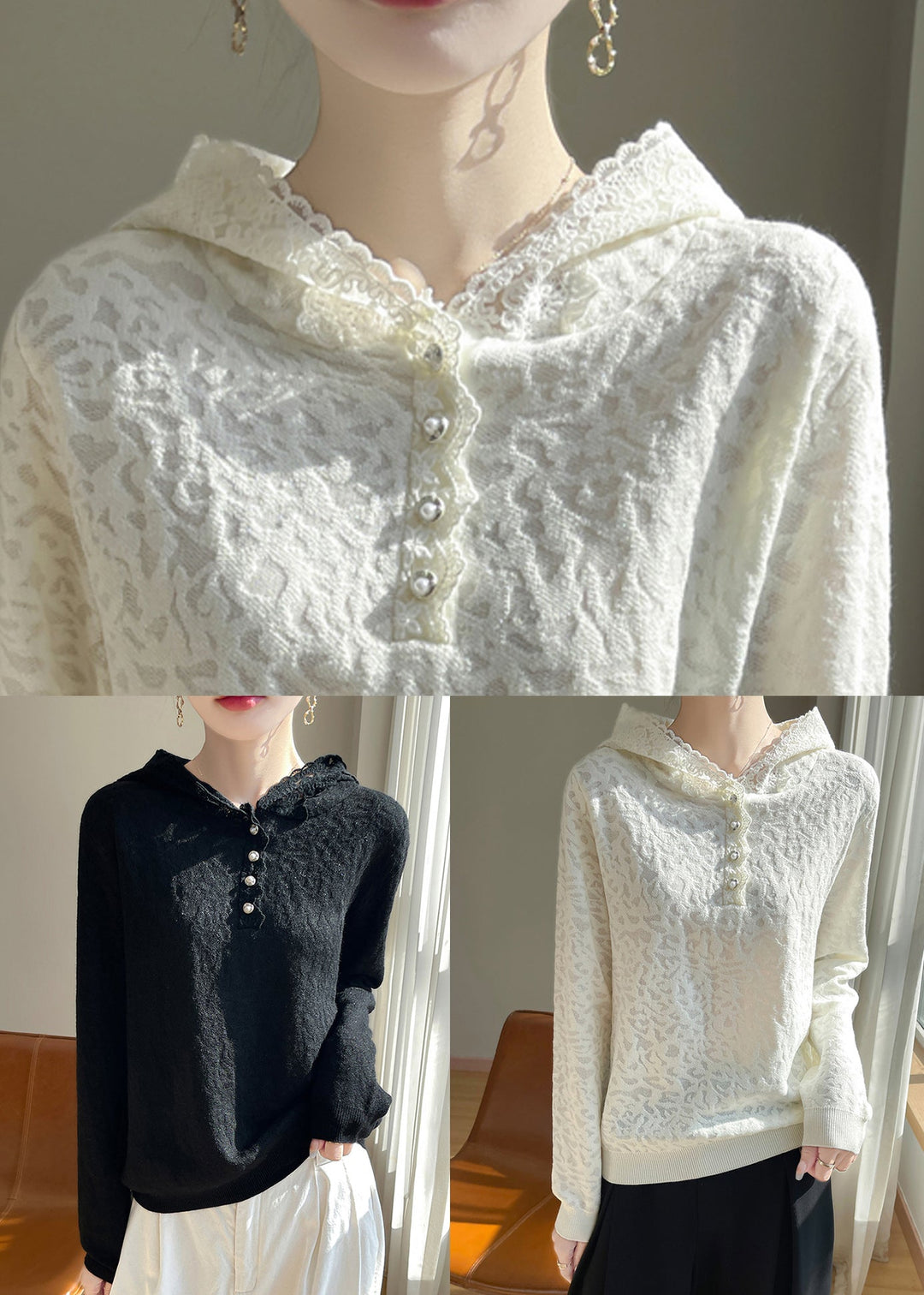 Jacquard Beige Hooded Lace Woolen Sweaters Fall
