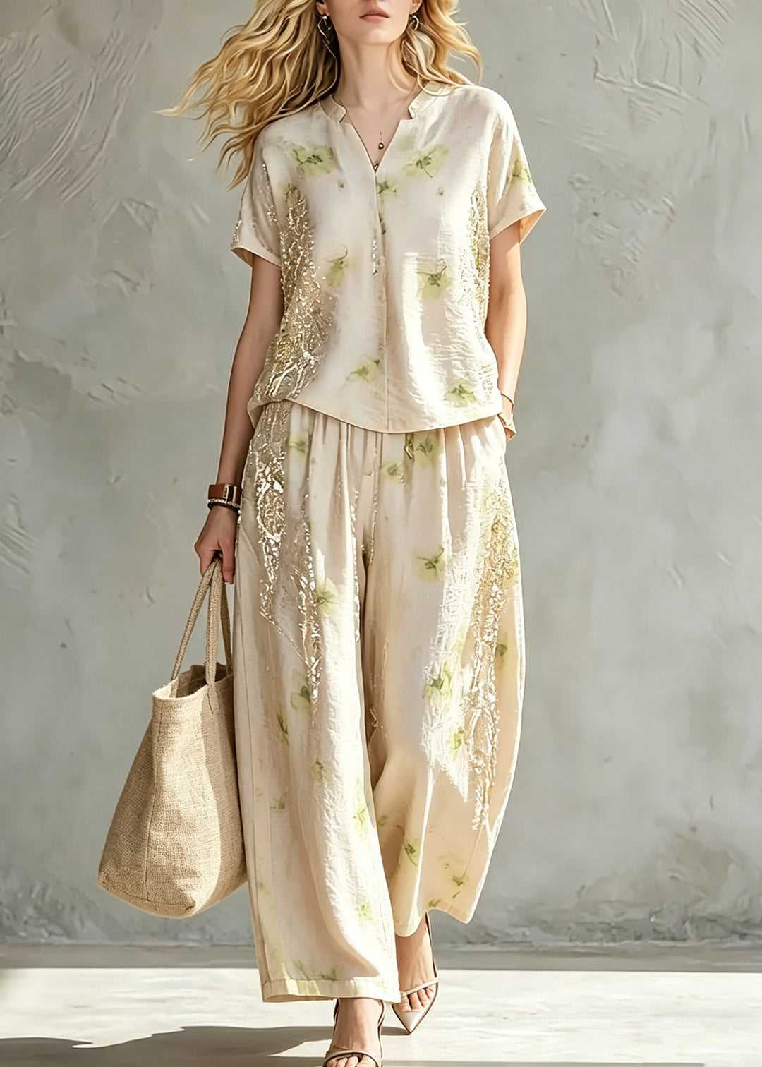 Jacquard Beige Patchwork Silk Tops And Wide Leg Pants Two Piece Set Summer