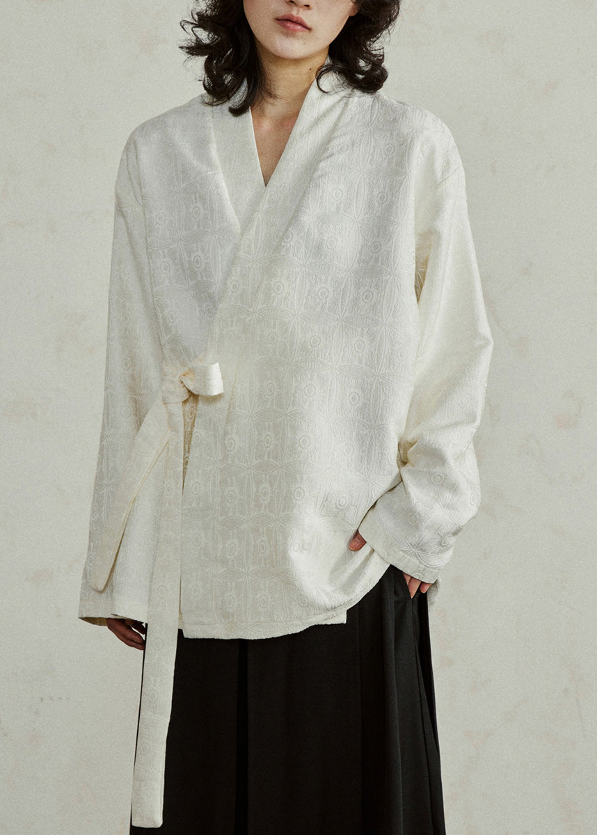 Jacquard Beige V Neck Solid Top Long Sleeve