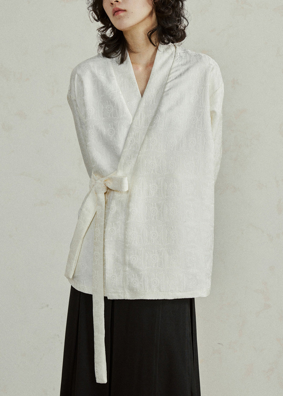 Jacquard Beige V Neck Solid Top Long Sleeve