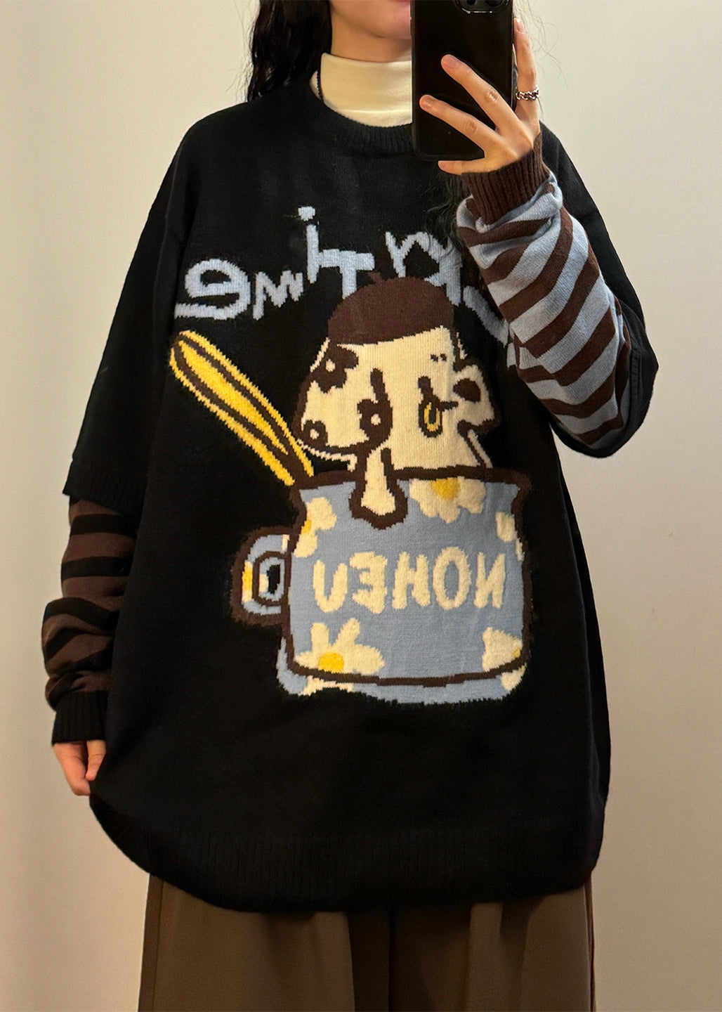 Jacquard Black Asymmetrical Striped Patchwork False Two Pieces Knit Sweaters Spring