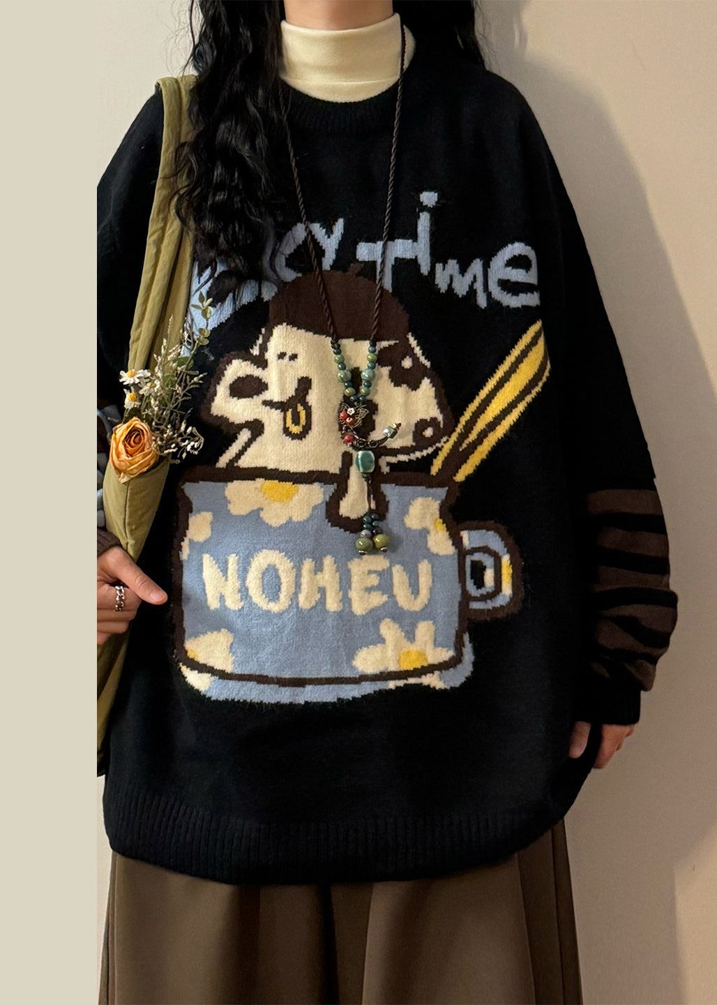 Jacquard Black Asymmetrical Striped Patchwork False Two Pieces Knit Sweaters Spring