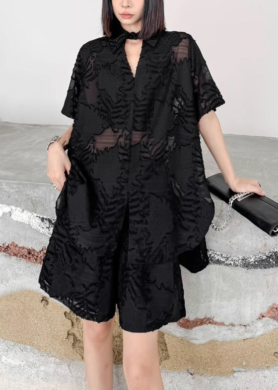 Jacquard Black Button Low High Design Cotton Two Pieces Set Summer