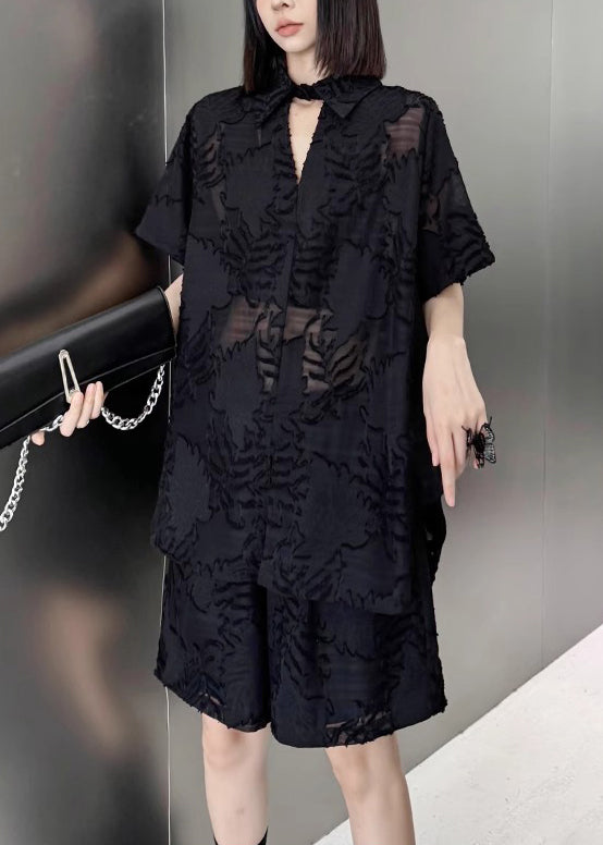 Jacquard Black Button Low High Design Cotton Two Pieces Set Summer