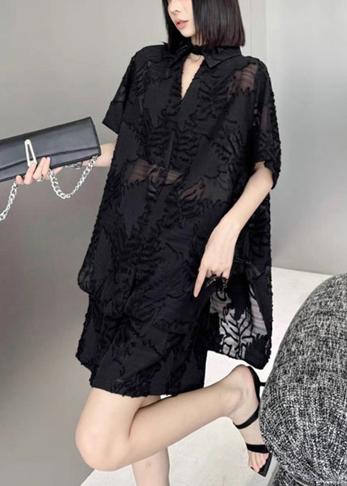 Jacquard Black Button Low High Design Cotton Two Pieces Set Summer