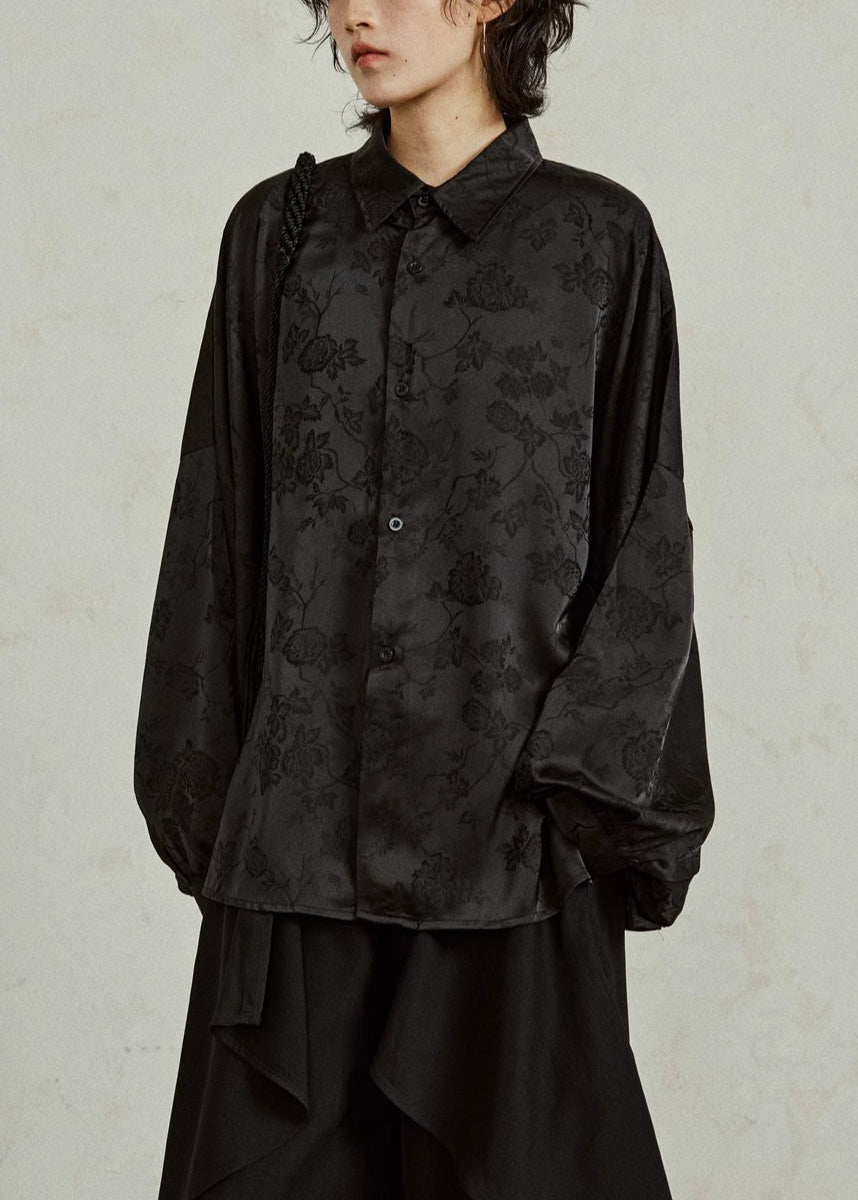 Jacquard Black Button Solid Silk Shirts Fall