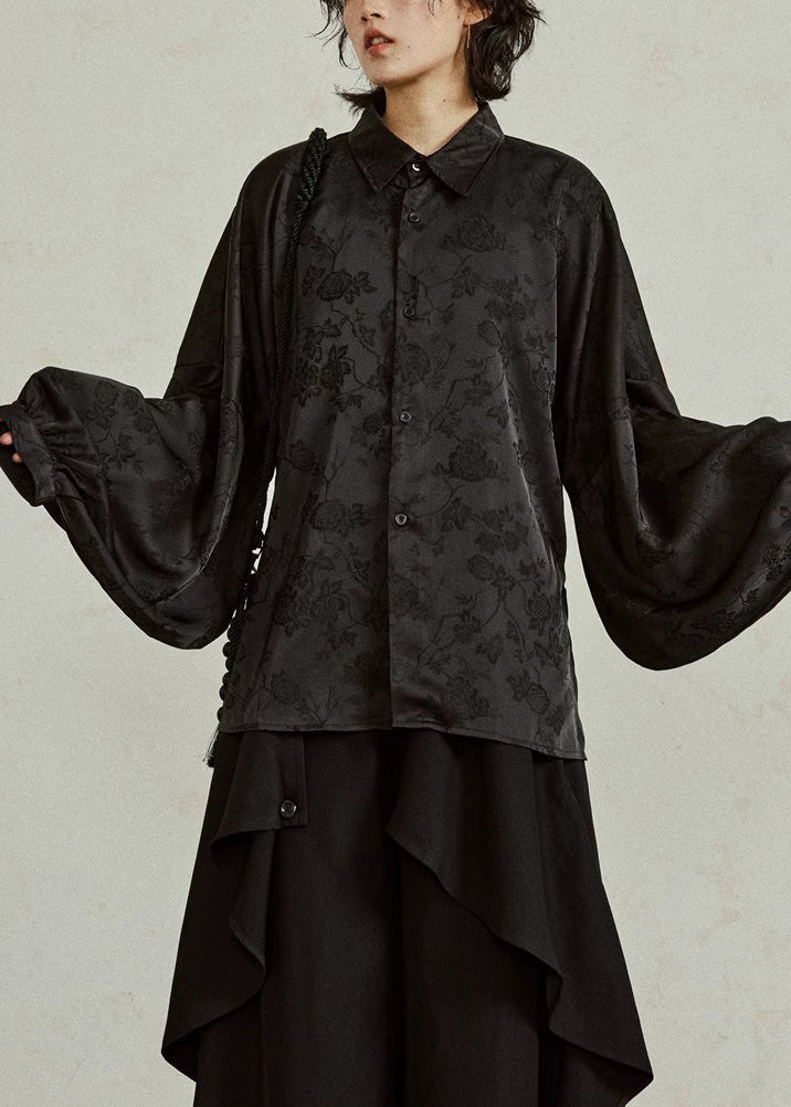 Jacquard Black Button Solid Silk Shirts Fall