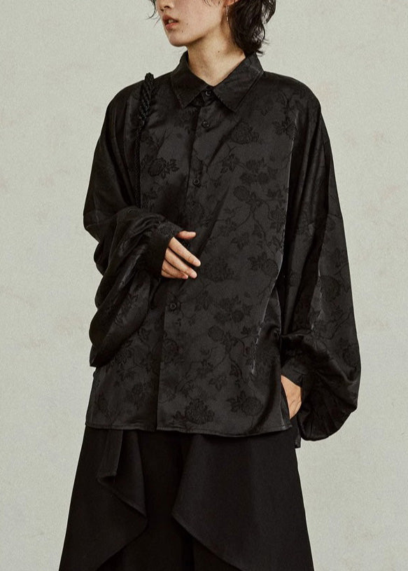 Jacquard Black Button Solid Silk Shirts Fall