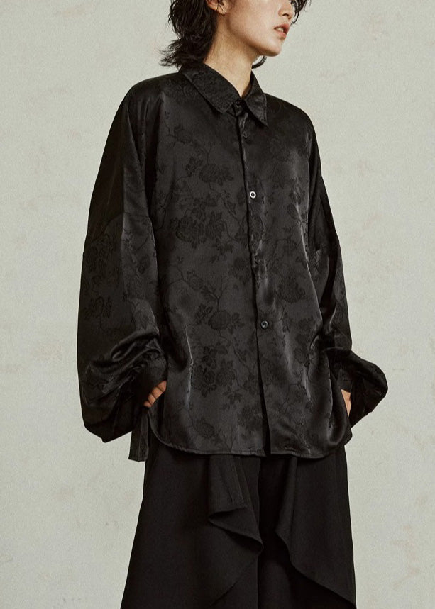 Jacquard Black Button Solid Silk Shirts Fall