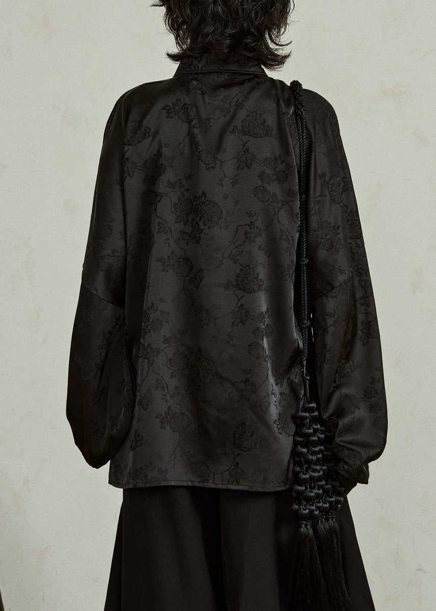 Jacquard Black Button Solid Silk Shirts Fall