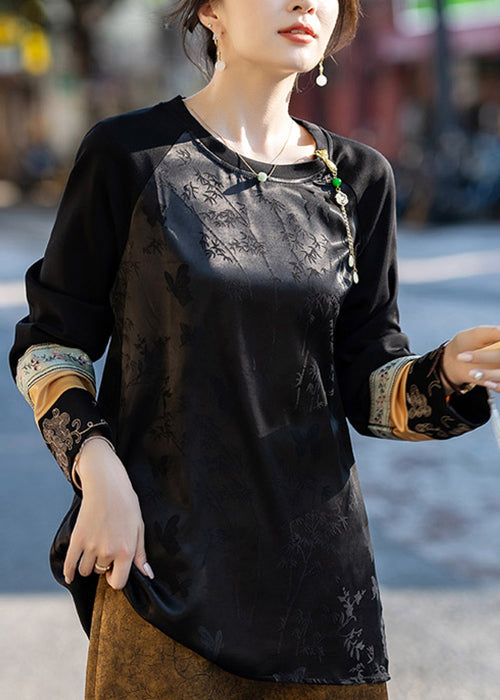Jacquard Black Embroidered Patchwork Silk Shirt Fall