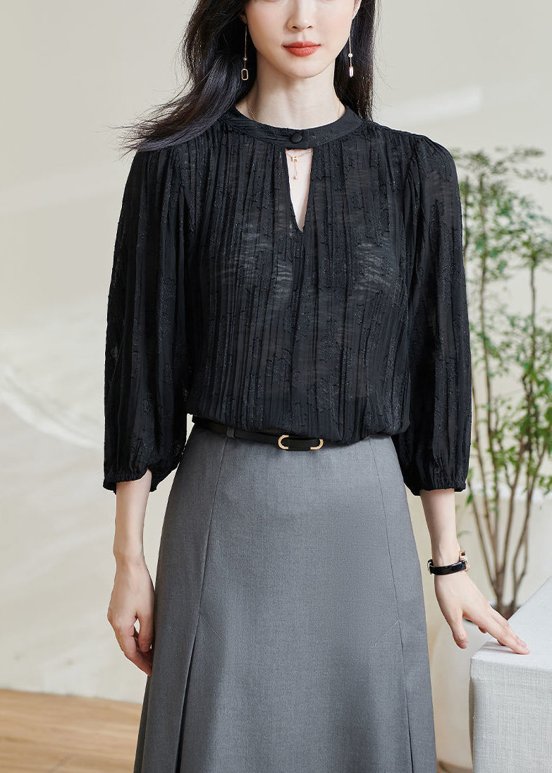 Jacquard Black Hollow Out Cotton Shirt Top Bracelet Sleeve