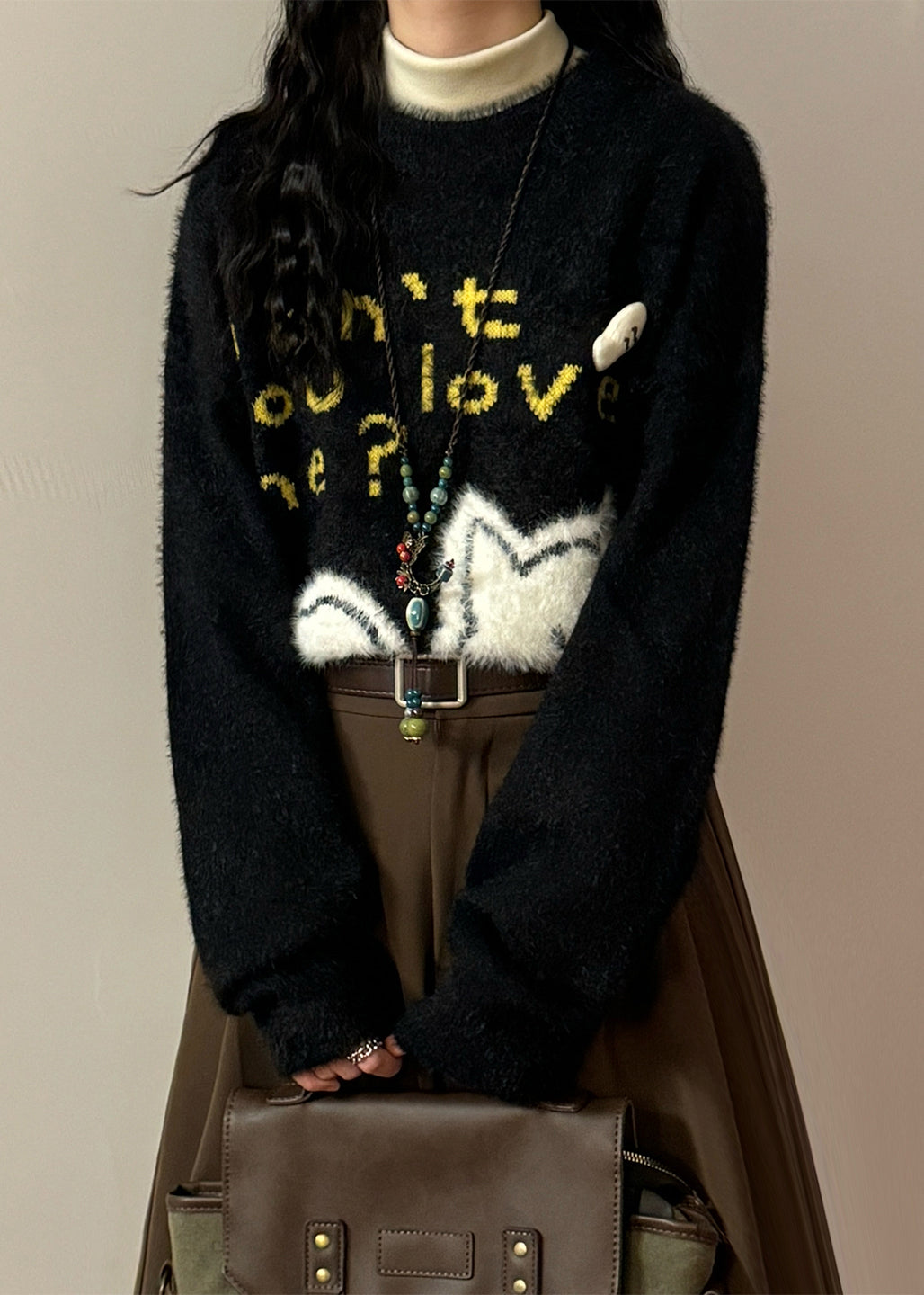 Jacquard Black Kitten Letter Mink Hair Knitted Sweaters Spring