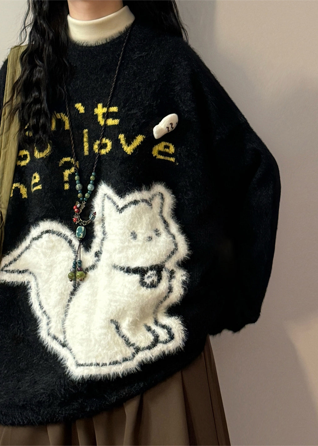 Jacquard Black Kitten Letter Mink Hair Knitted Sweaters Spring