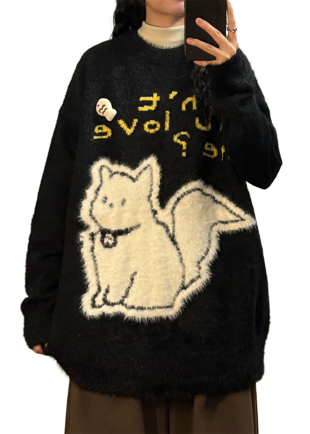 Jacquard Black Kitten Letter Mink Hair Knitted Sweaters Spring
