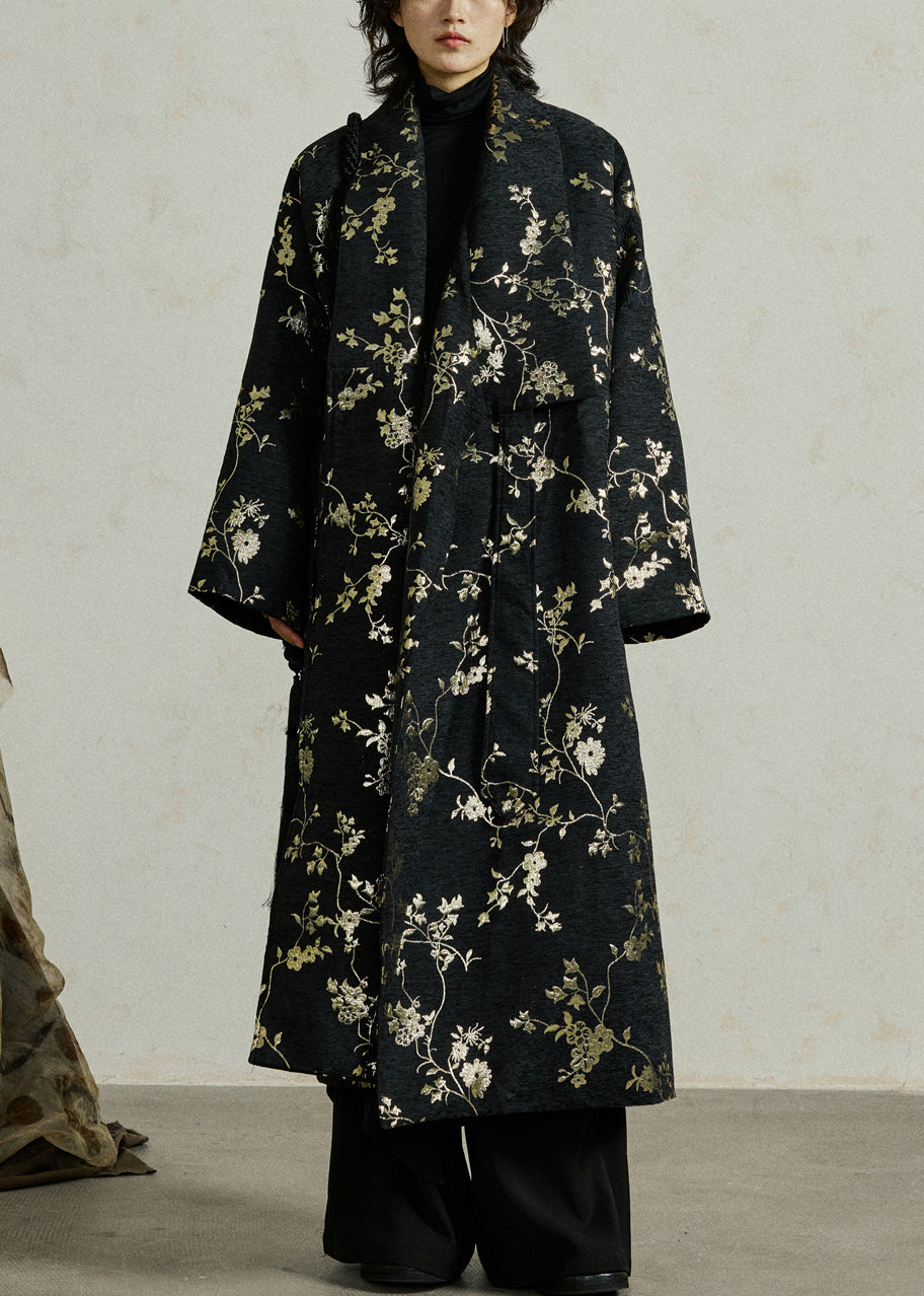 Jacquard Black Lace Up Pockets Cotton Long Coats Fall