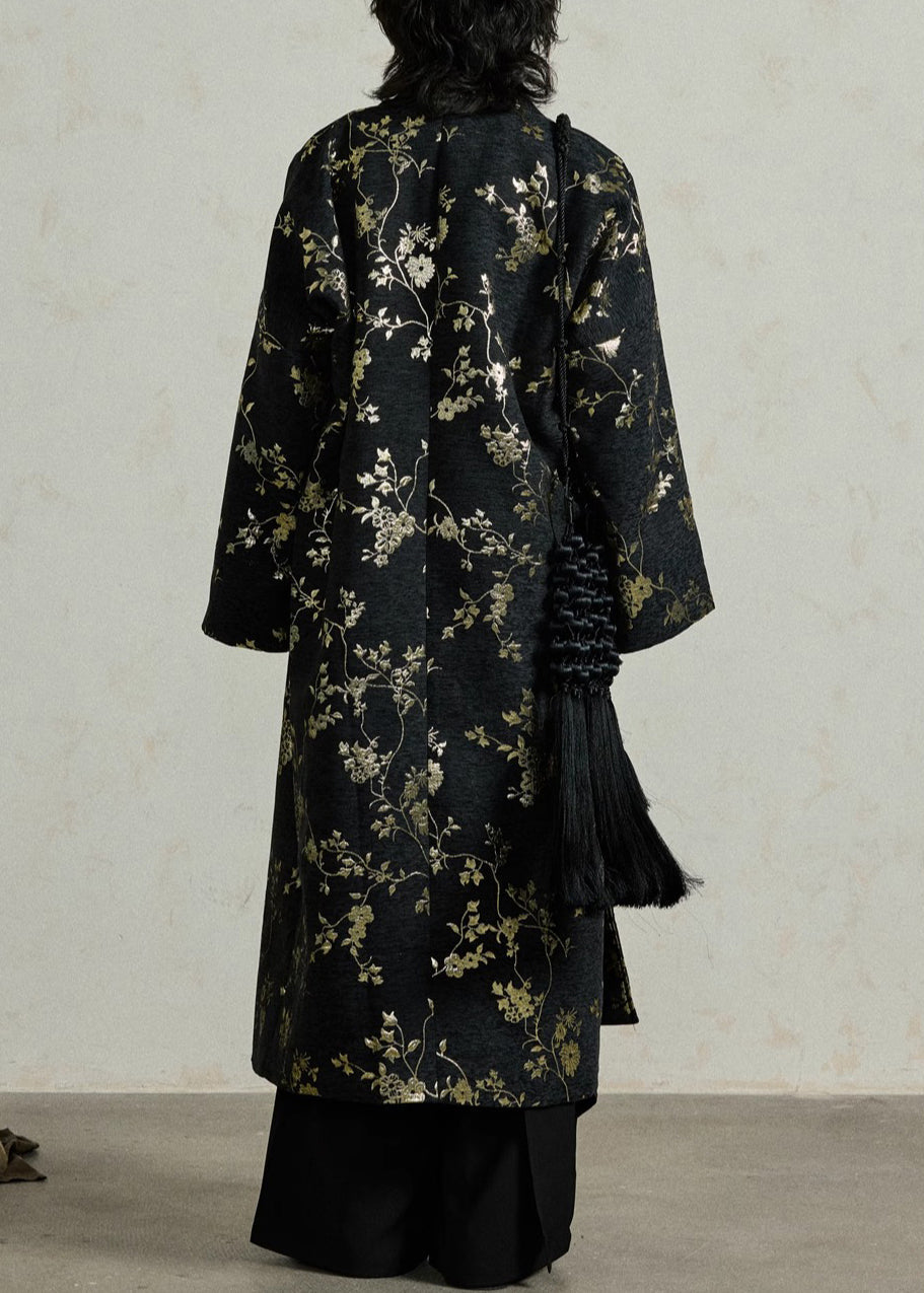 Jacquard Black Lace Up Pockets Cotton Long Coats Fall