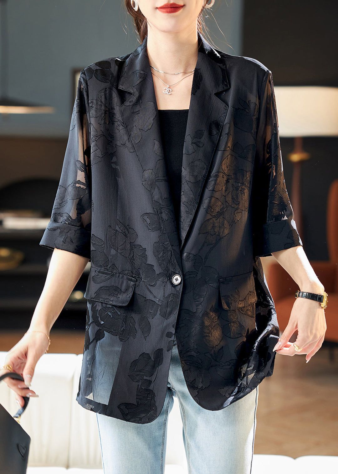 Jacquard Black Notched Button Thin Chiffon Coat Half Sleeve