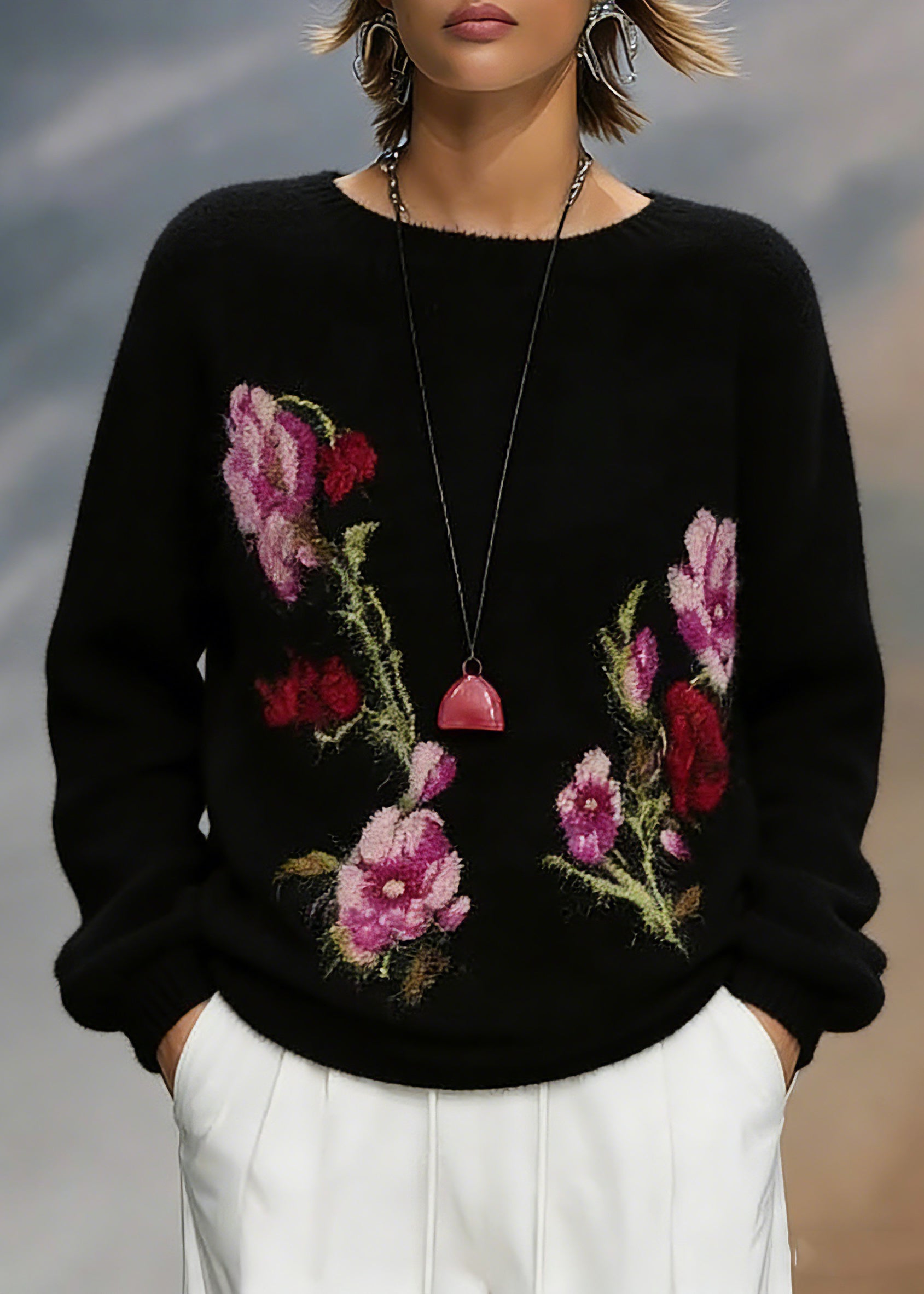 Jacquard Black O-Neck Cotton Knit Sweaters Spring - Omychic
