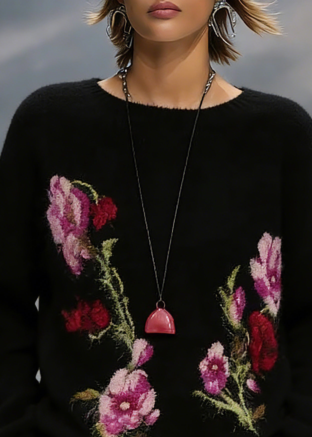 Jacquard Black O-Neck Cotton Knit Sweaters Spring - Omychic