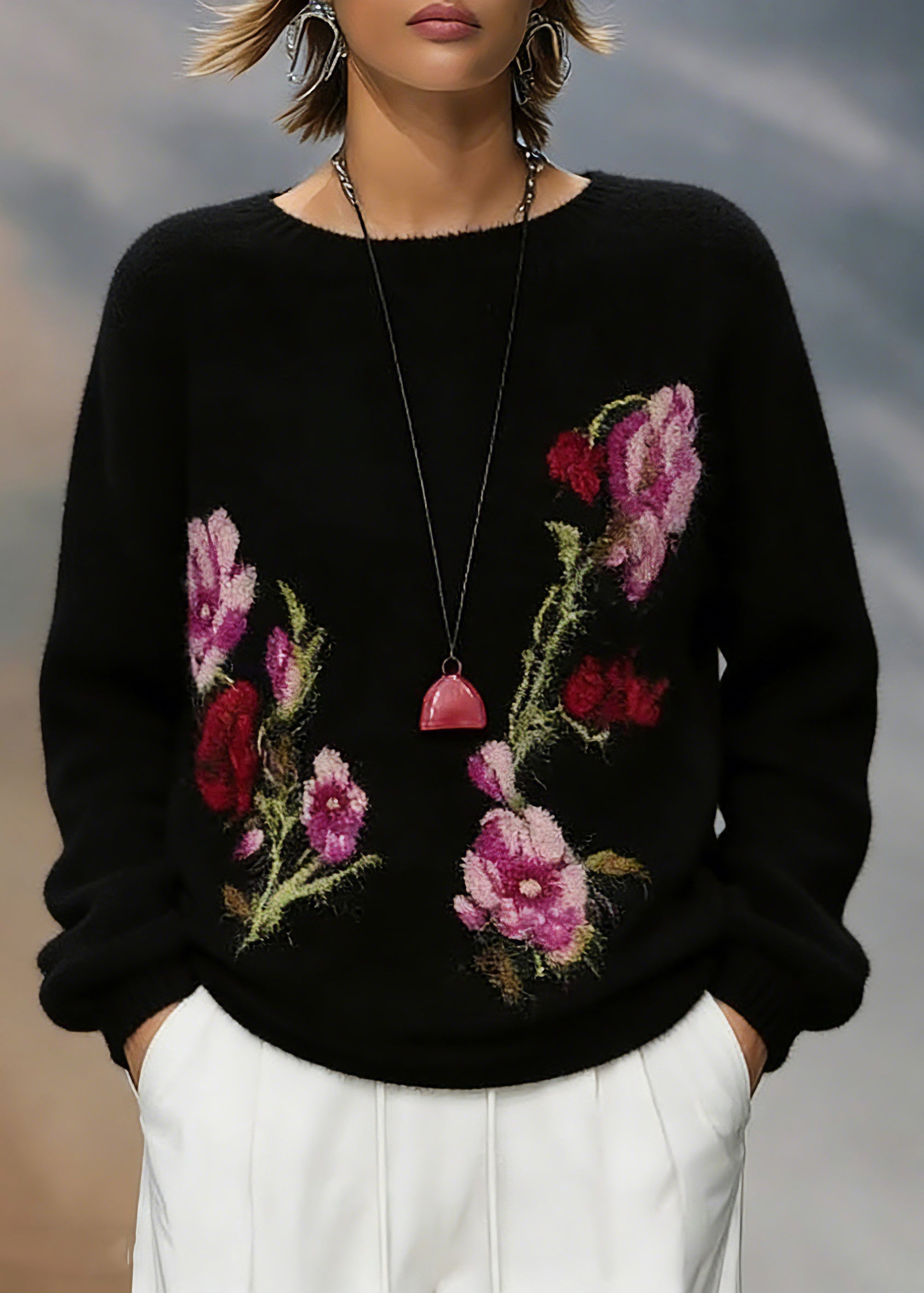 Jacquard Black O-Neck Cotton Knit Sweaters Spring - Omychic