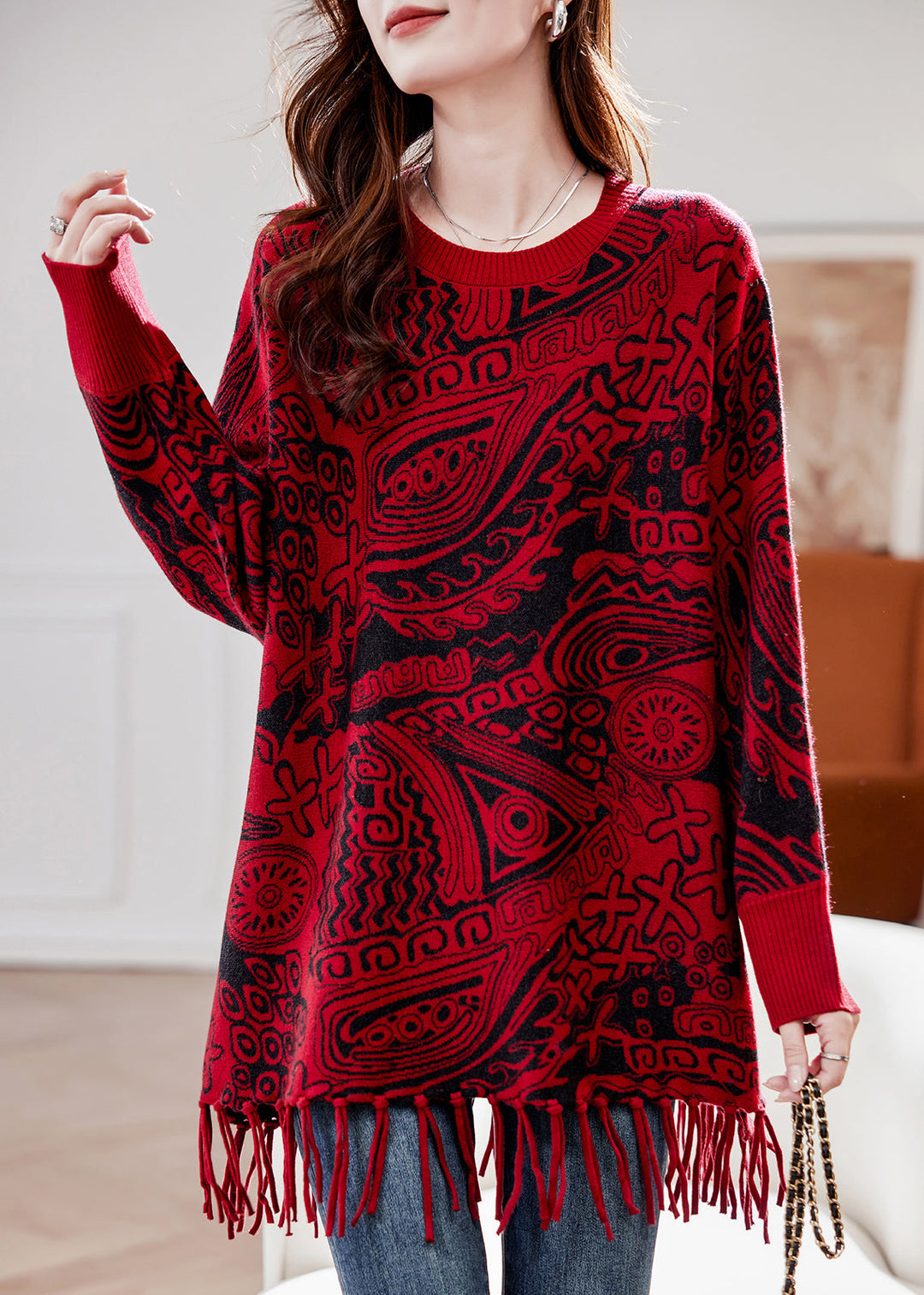 Jacquard Black O Neck Tasseled Knit Sweater Fall