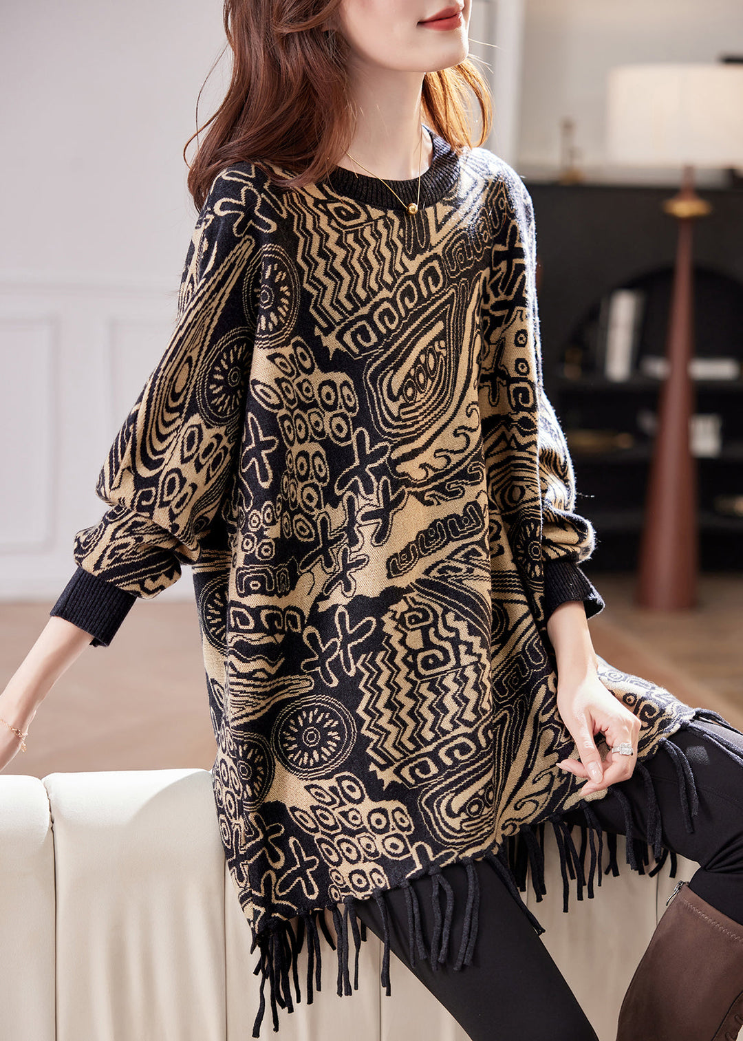 Jacquard Black O Neck Tasseled Knit Sweater Fall