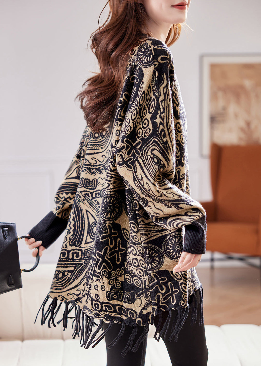 Jacquard Black O Neck Tasseled Knit Sweater Fall