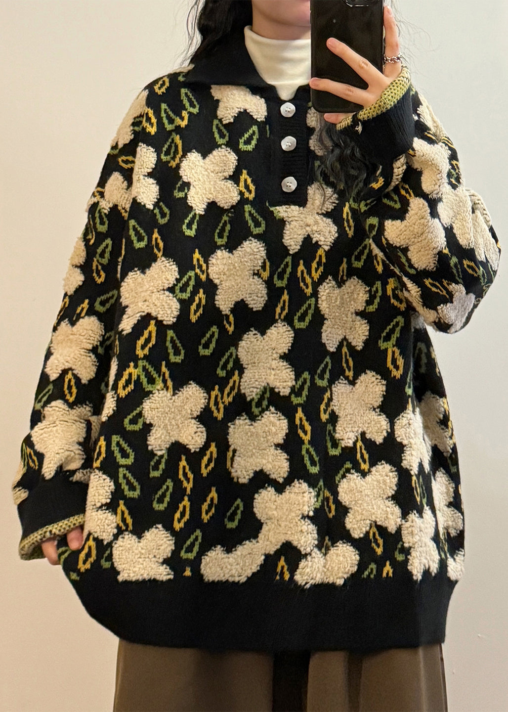 Jacquard Black Peter Pan Collar Button Cozy Knit Sweater Spring