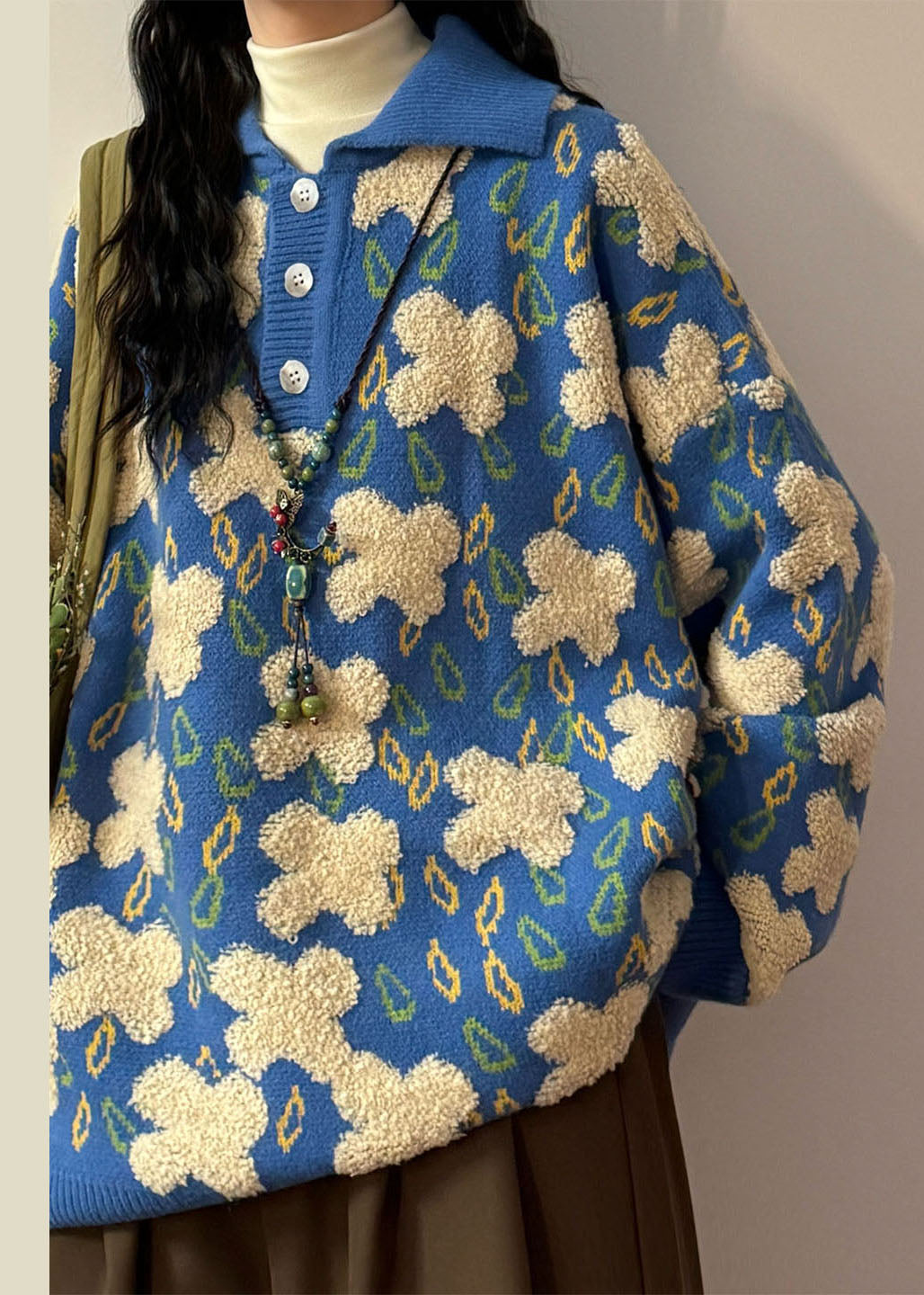 Jacquard Black Peter Pan Collar Button Cozy Knit Sweater Spring