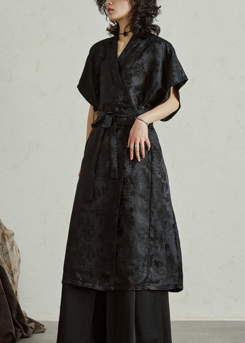 Jacquard Black Tie Waist Solid Silk Maxi Dress Summer