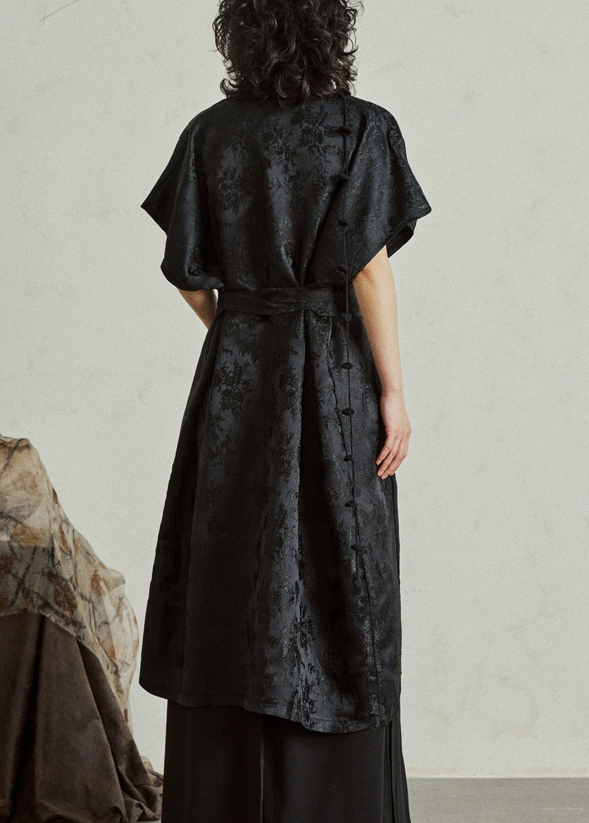 Jacquard Black Tie Waist Solid Silk Maxi Dress Summer